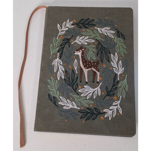 Denik Embroidered Deer Journal Notebook Lined Pages Ribbon Bookmark Green Cover